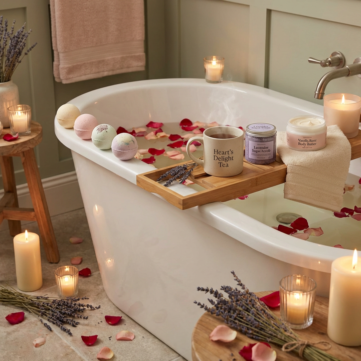 Valentine’s Day Self-Care Bundle with bath bombs, candles, and herbal tea for a relaxing spa experience.