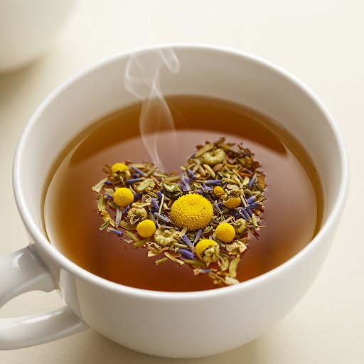 A steaming cup of herbal tea with floral ingredients arranged in a heart shape, perfect for the Valentine’s Day Self-Care Bundle.