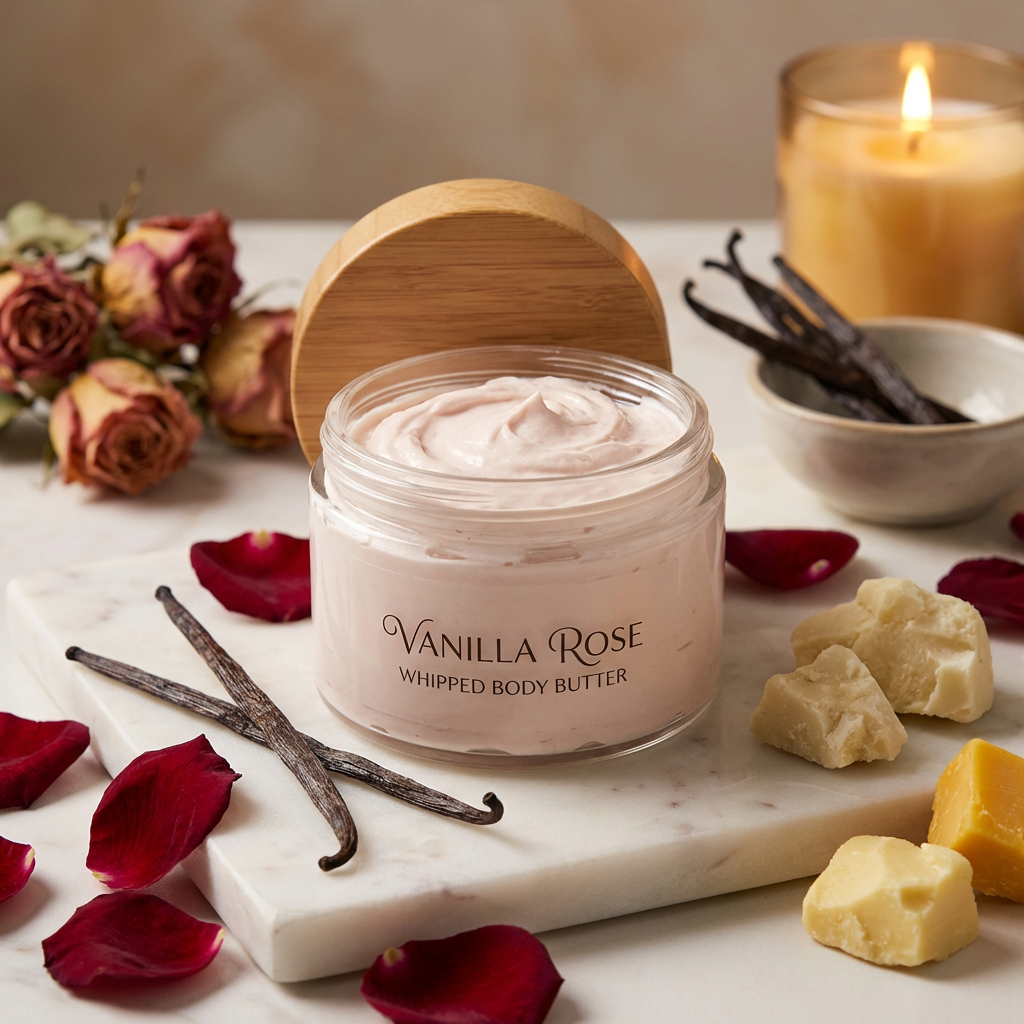 Valentine’s Day Self-Care Bundle includes Vanilla Rose Whipped Body Butter in luxurious setting with flowers and candle.